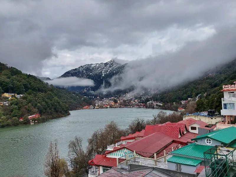 mountain and lakes with some houses